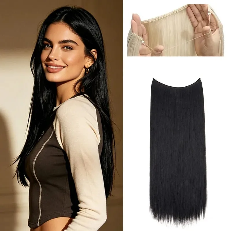 22Inch Synthetic Long Straight Fish Line Hair Extension Invisible Wire Halo Hairpiece Heat Resistant Fiber Hair for Women — image 2