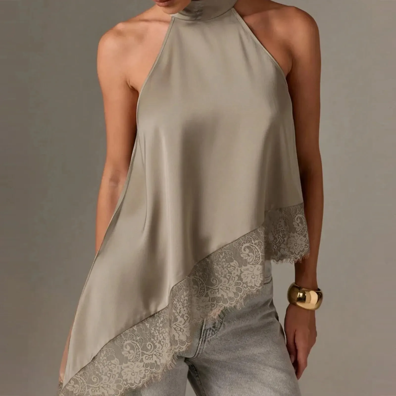 Women Y2k Mock Neck Halter Top Satin Lace Asymmetrical Hem Tank Tops Sleeveless Elegant Going Out Crop Tops