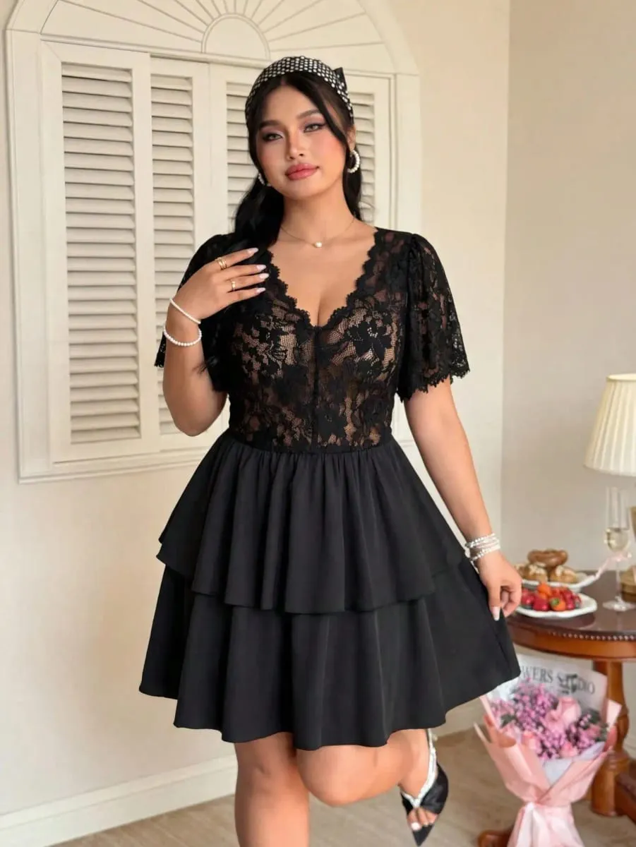 Elegant Lace Hollow Patchwork Cake Dress Plus Size Women's Dress Summer Vintage Ruffle Hem Party Evening Gown