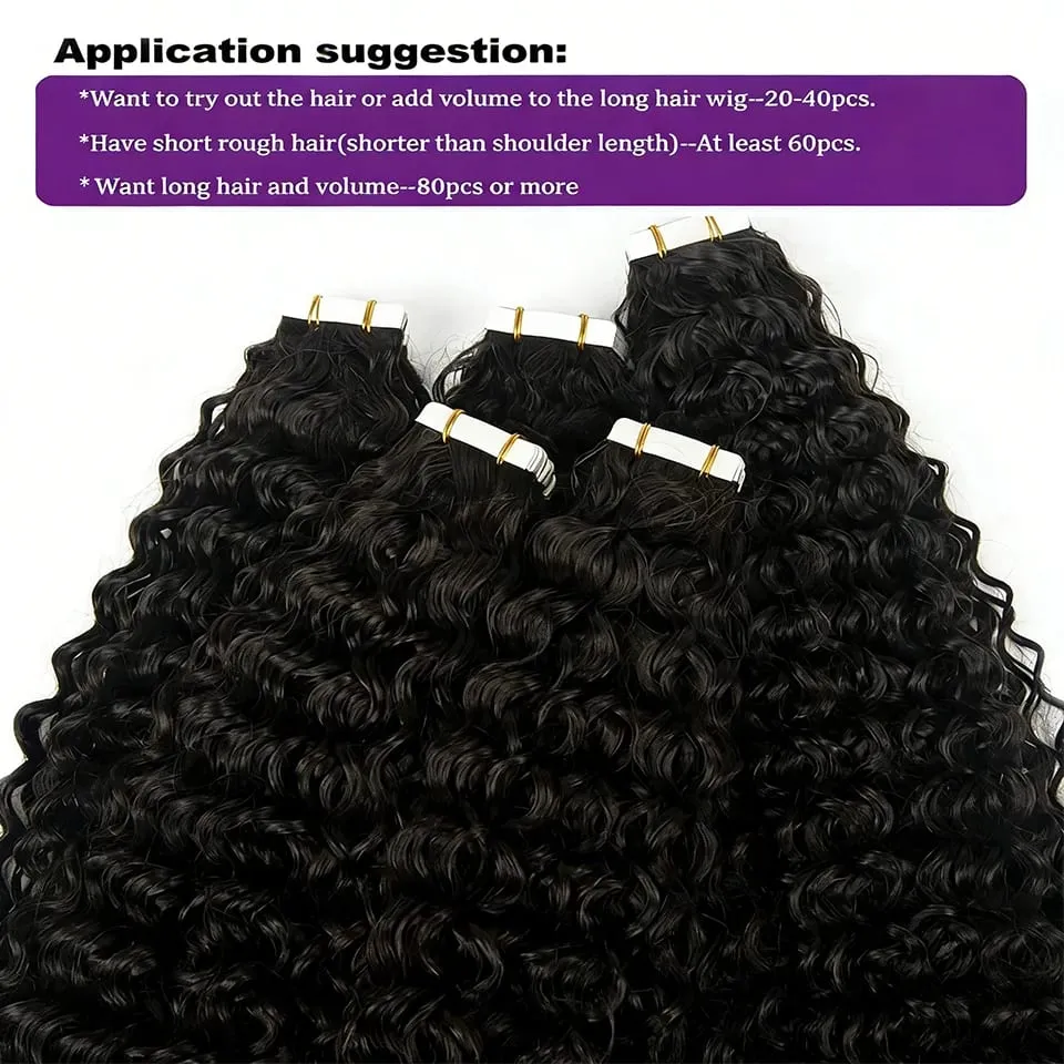 Deep Wave Curly Tape in Hair Extensions 100% Brazilian Human Hair Adhesive Tape on Extensions Human Hair Natural Black 16-26inch
