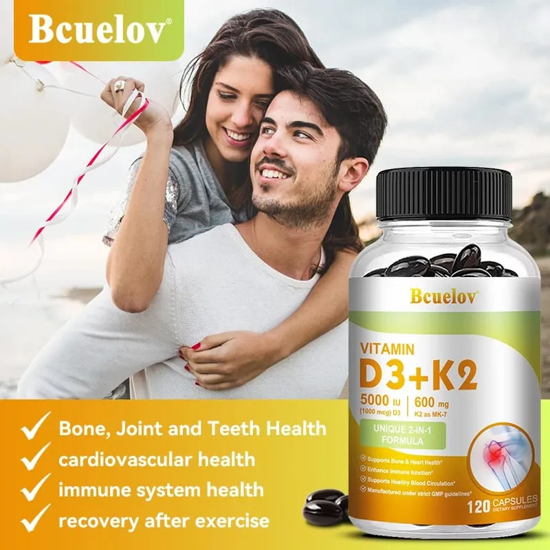 Bcuelov Vitamine D3+K2 5000 UI Formule de vitamine D3 sans OGM, complément alimentaire complexe de vitamines D et K facile à avaler
