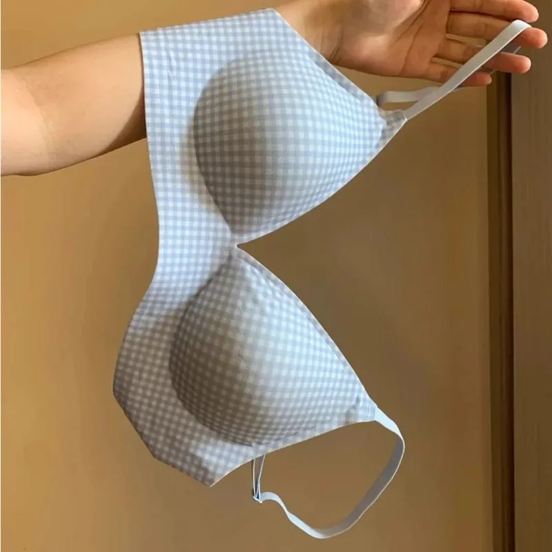 Elegant Japanese Checkered Lingerie Set Small Chest Support Wirefree Anti-Sagging Pure Cotton Comfort Fit Bralette S-XL UK Hot S
