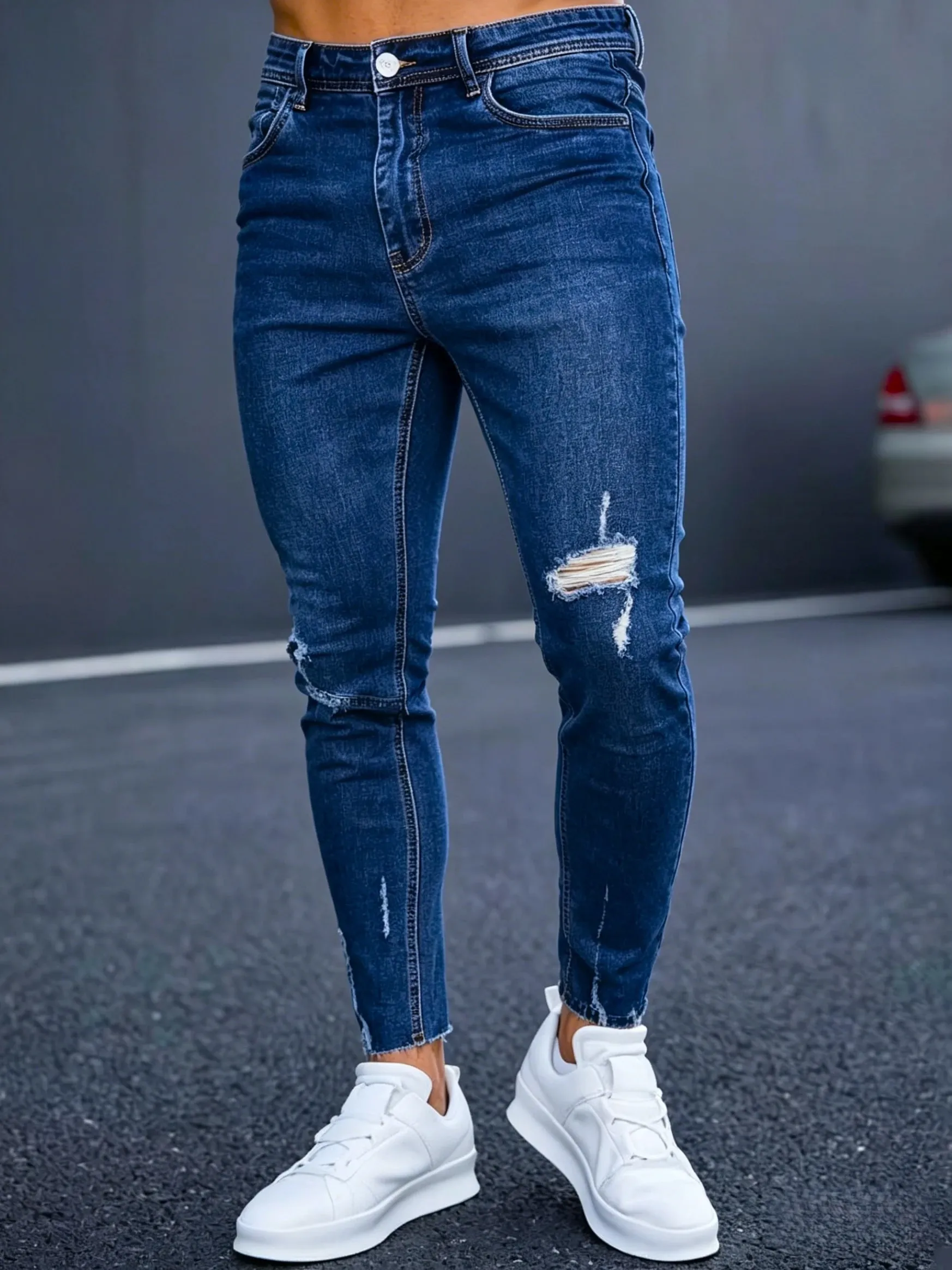 Slim Fit Jeans Men Blue Washed Whisker Ripped Details Jeans Classic Mid Waist Blue Tone All Season Pants Urban Daily Stylish Bot — image 2
