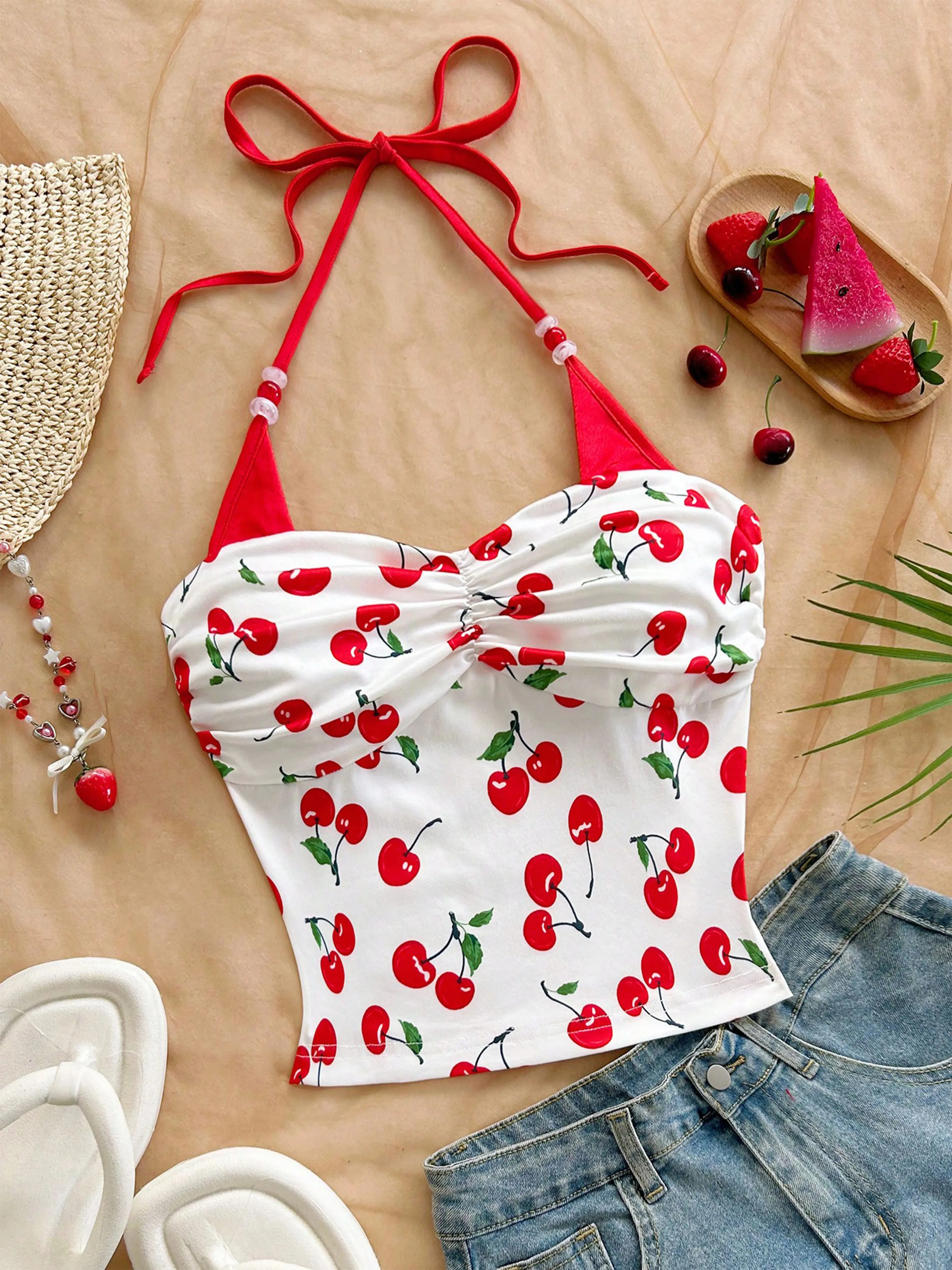 Women's Cherry Printed Color-blocking Beaded Halter Top Summer Beach Vacation Beach Party Summer Party