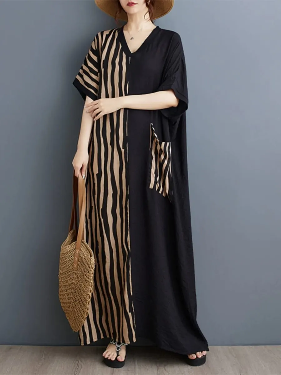 Long V-Ne ort Sve Printed Slimming Cotton Linen Dr Color Blo Casual Loose Fit Summer Faion plus Size Women — image 5