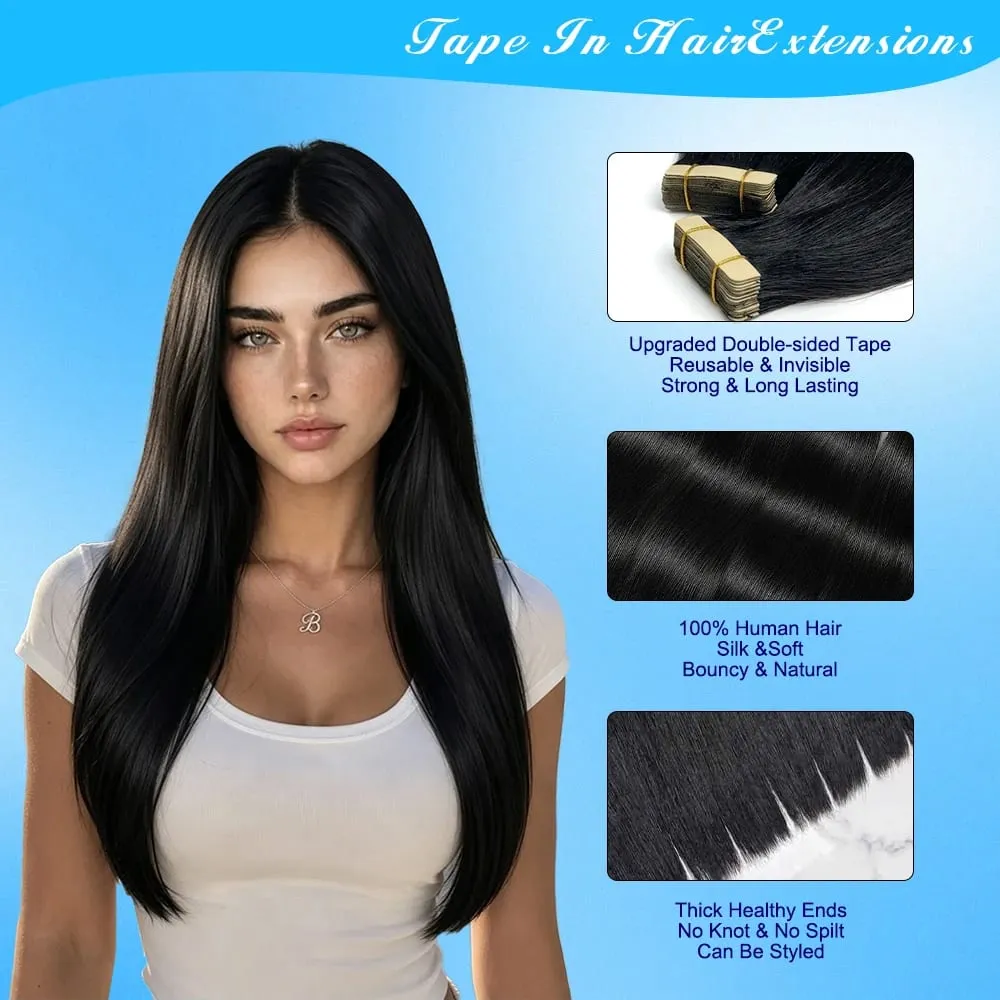 16-24 Inch 16A Tape In Hair Extensions Invisible Seamless Real Human Hair Brazilian Natural Black Remy Straight Hair 100% Human Hair For Women — image 4