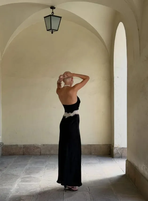 Black Lace Patchwork Halter Neck Maxi Dresses V-neck Sleeveless Backless High Waist Long Dress 2026 Elegant Party Club Outfits — image 7