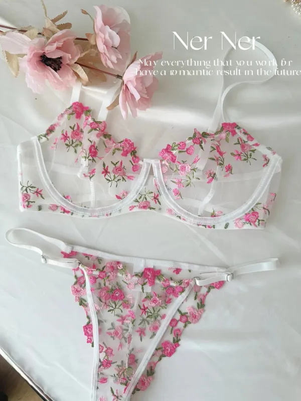 Korean Hot Lace Bra Set Floral Embroidery Transparent Mesh Ultra Thin Big Bust Modest Summer Ladies Daily Wear Underwear 32-38