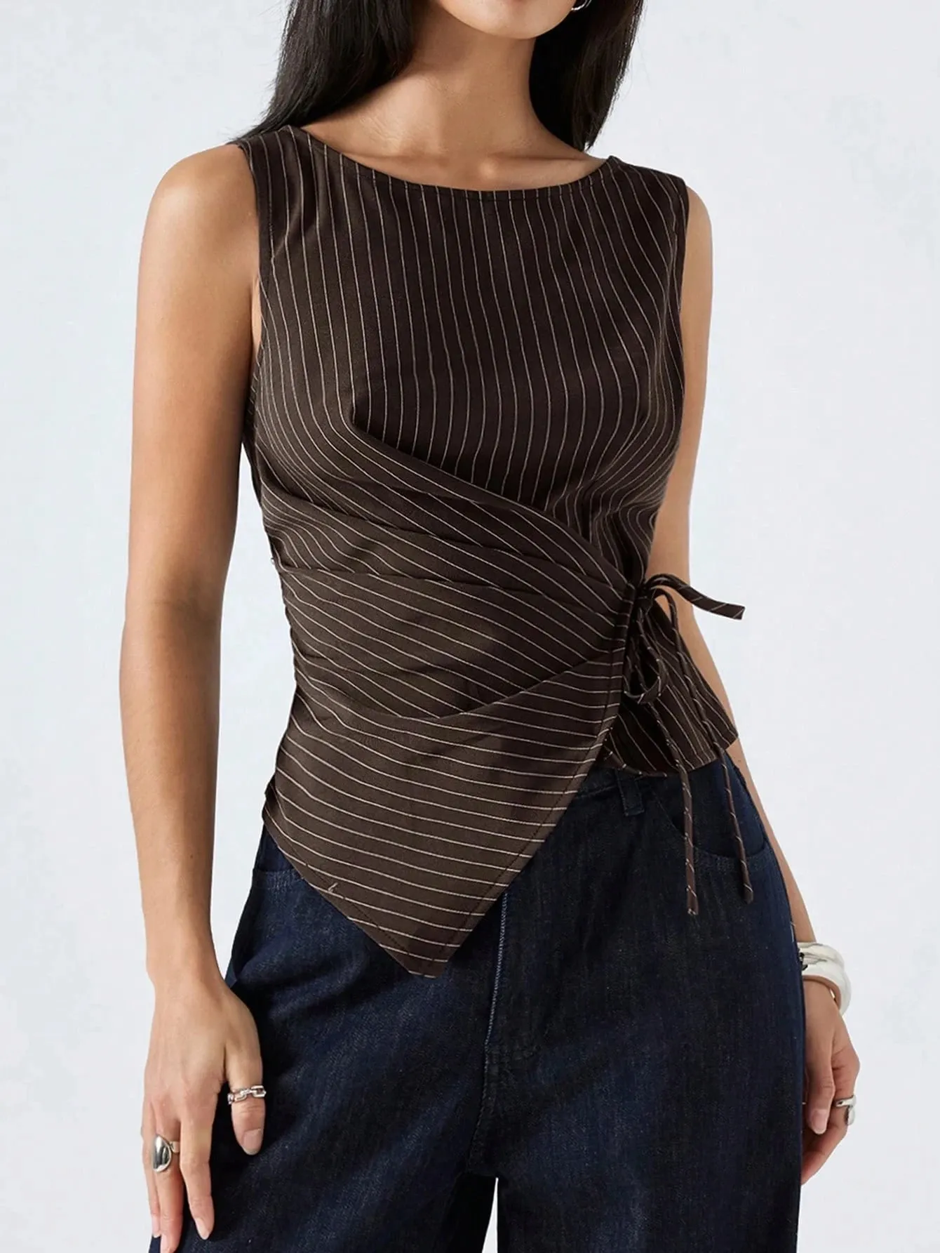 Women's Elegant Stripe Printing Slim Fit Side Tie-Strap Pleating Sleeveless Top Casual Asymmetry Hem Boat Tank Top Summer 2026