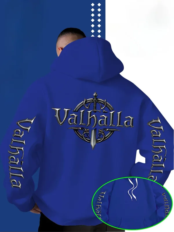 Streetstyle los Viking Valhalla zwaardvormig logo bedrukt sweatshirt met capuchon voor heren, geschikt voor herfst en winter. — image 5