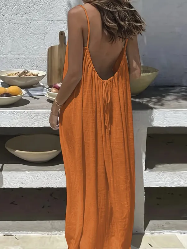 Women's Solid Color Backless Cami Dress Strappy Lounge Dress Open Back Maxi Length with Relaxed Fit Comfortable Home Wear​