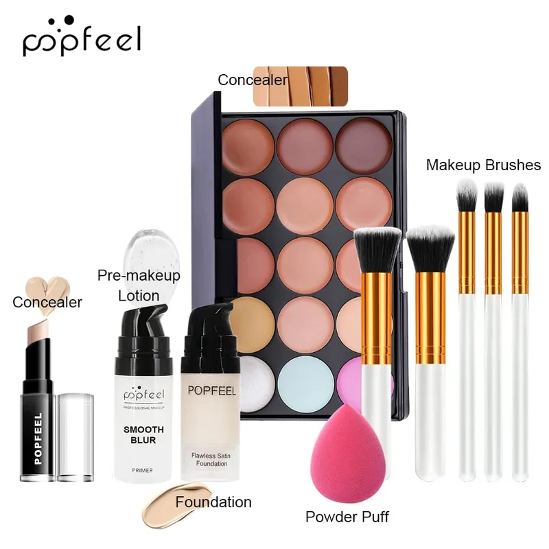 10-delat ansiktssmink-set - nybörjarvänlig foundation concealer & borste Combo - Komplett ansiktssminksats för felfri
