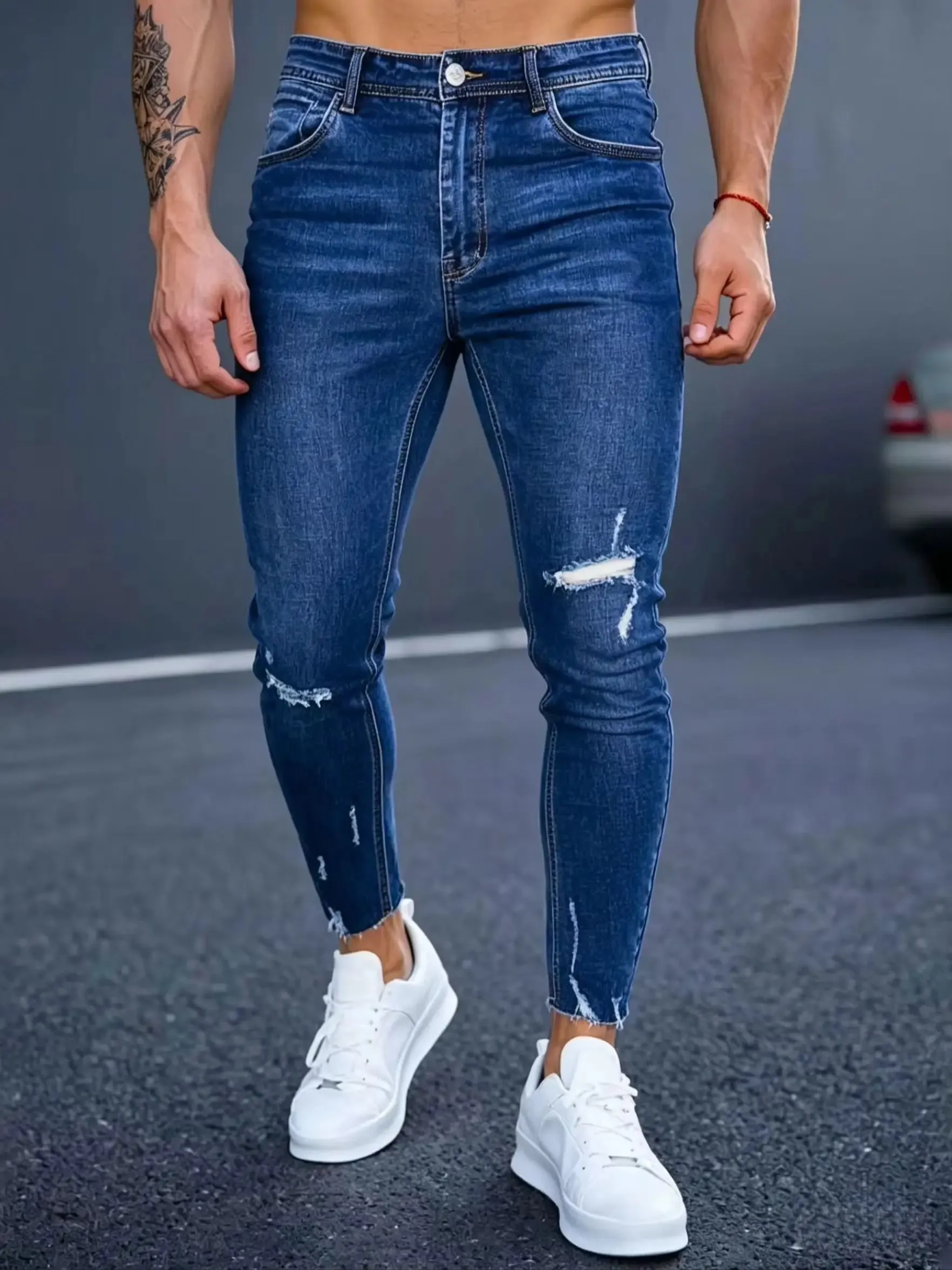Slim Fit Jeans Men Blue Washed Whisker Ripped Details Jeans Classic Mid Waist Blue Tone All Season Pants Urban Daily Stylish Bot