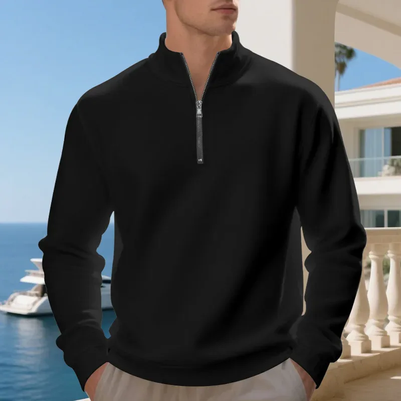 Autumn Winter Men's Fleece Quarter Zip Pullover Man Long Sleeved Loose Stand-up Collar Sweater Casual Comfy Mock Neck Sweatshirt