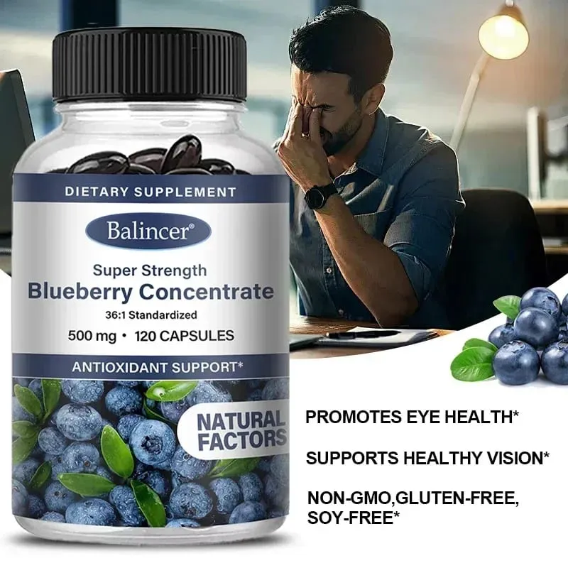 Super silný borůvkový koncentrát 500 mg tobolky 120 měkkých gelů pro zdraví očí vitamíny antioxidanty doplněk zdravého zraku