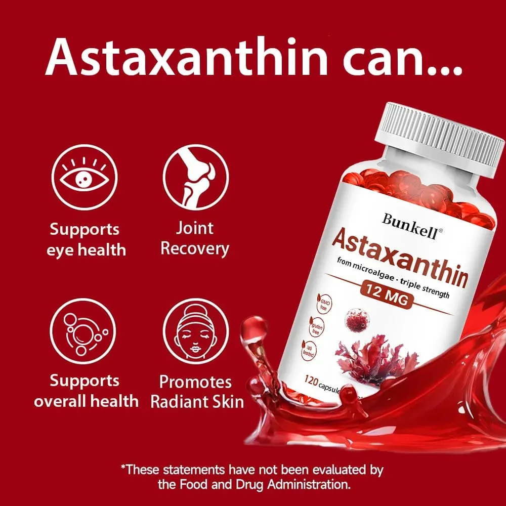 Astaxanthinové tobolky 12 mg podporuje kardiovaskulární zdraví a urychluje metabolismus podporu zdraví očí, kloubů a pokožky
