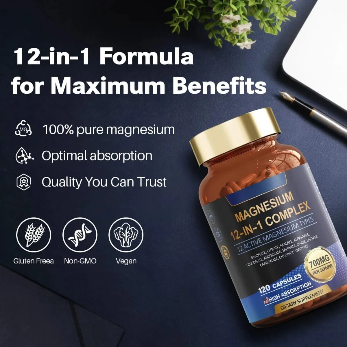 Non-GMO Magnesium Complex 700mg with 12 Active Forms High Absorption 120 Capsules Gluten Free Vegan Supplement for Optimal Healt