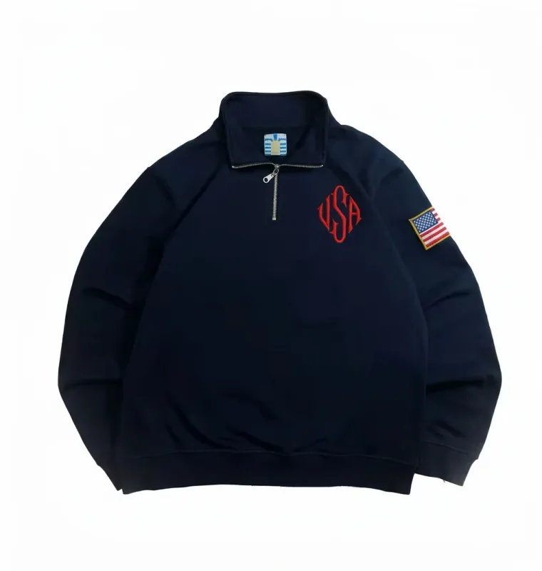Vintage USA Flag Embroider Sweatshirts Navy Blue Quarter Zip Sweatshirt Fast delivery Streetwear High Street Y2k Fashion Hoodies