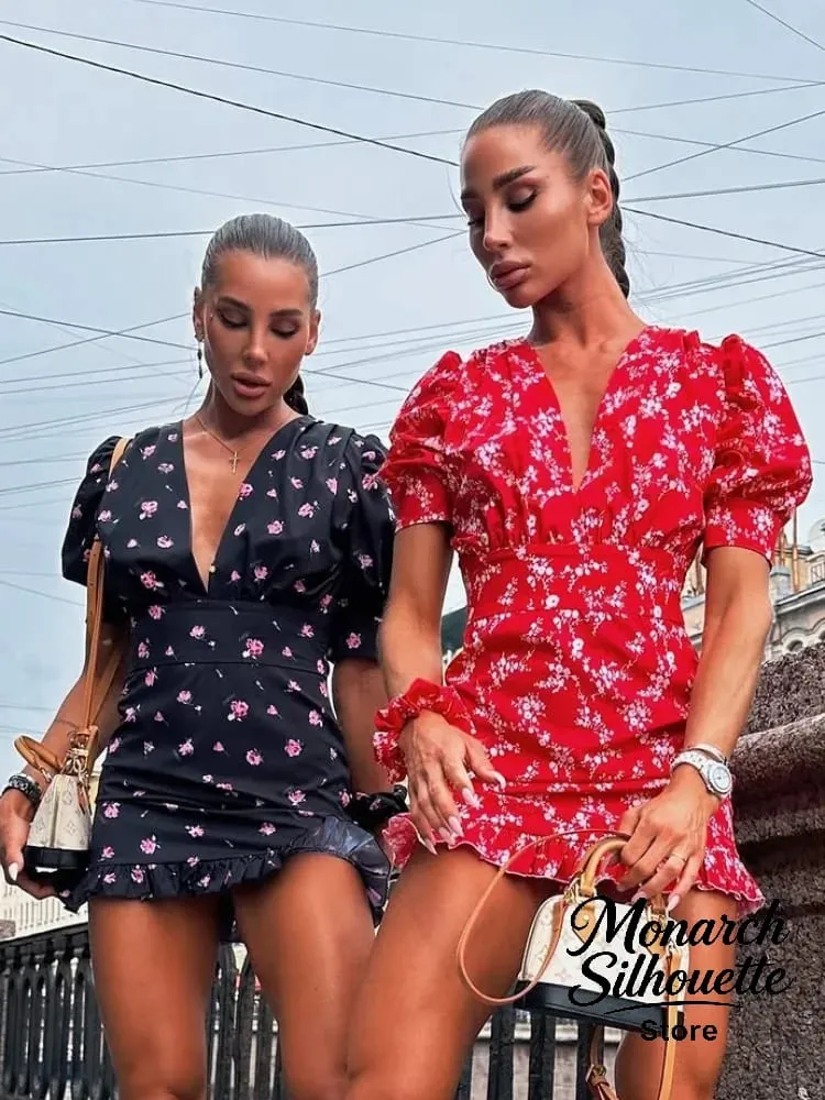 Chic Printed Slim Fit Mini Dress Women Elegant V-neck Puff Short Sleeves Waist Cinching Dresses 2026 Summer Lady Party Robes New — image 5