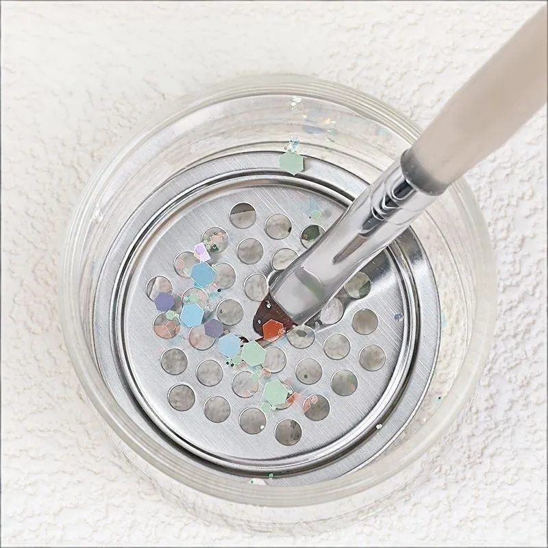 1PC Transparent Glass Nail Brush Cleaner Cup Round With Wood Lid Brushes Washing Cup Stainless Steel Mesh Nail Brush Cleaner.