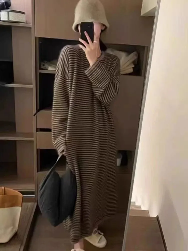 Lazy and Comfortable 100% Pure Cashmere Straight Striped Dress Joker Knit Bottoming Shirt Sweater Skirt in Autumn and Winter