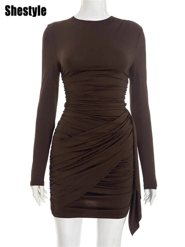 Shestyle Crew Neck Solid Slim Sheath Dress Women Long Sleeve Overlap Burgundy Elegant Casual Bodycon Outfits Office Lady 2026 — image 6