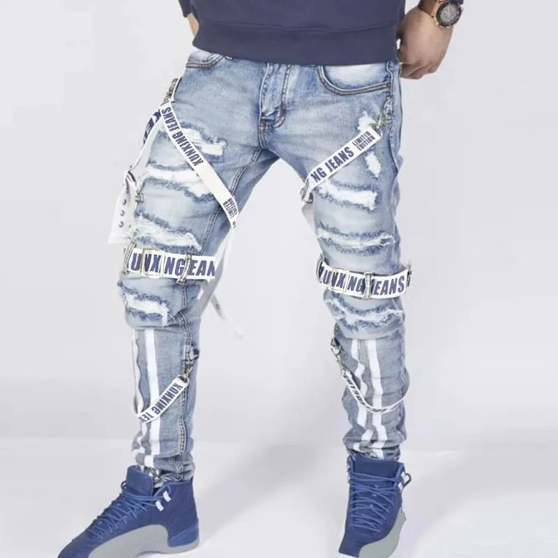 Men's jeans slim fit motorcycle straps blue denim trousers washed blue cut holes multi-craft hip-hop streetwear daily men Pants — image 2