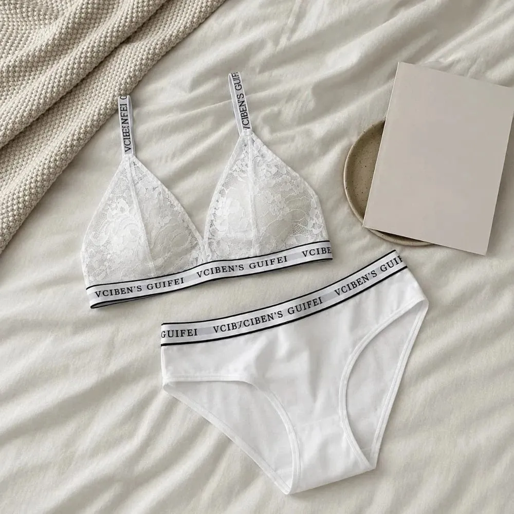 Comfortable Letter Design Lingerie Set Deep V Wireless Women Underwear Suit Color Blocking Lace Bra Panties Set Daily — image 3