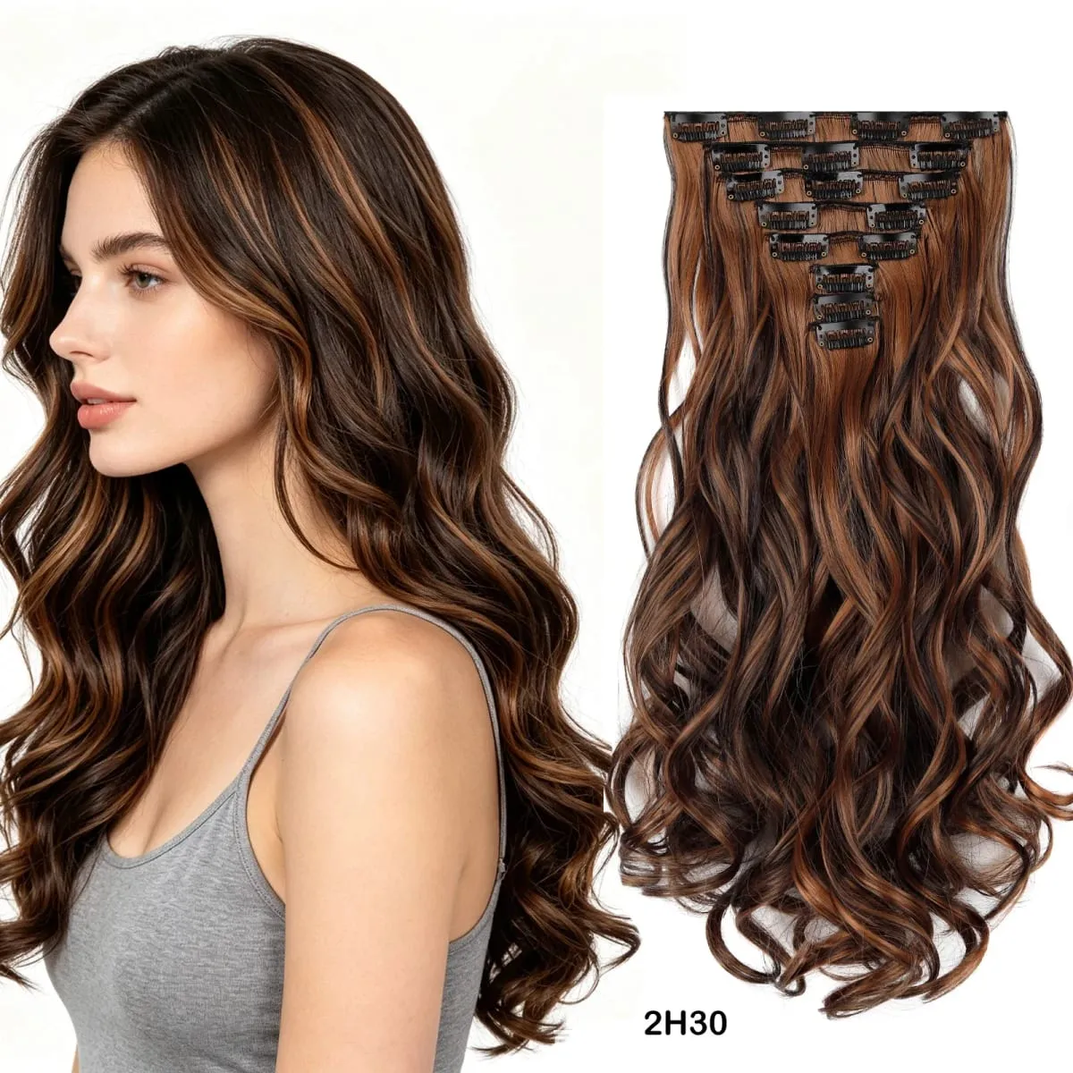 Clip in Hair Extensions Set Full Head 8Pieces With 17clips Synthetic Wavy Hair 20 Inch Matte Heat Resistant Multi Colors