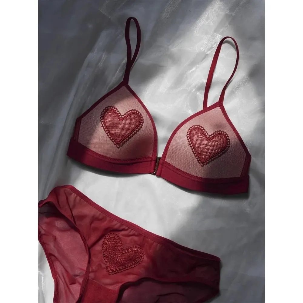 Red Lingerie Set Wireless Front Hook Bra French Triangle Thin Cup Embroidery Bra Set For Festival Soft Comfortable Daily Use — image 1