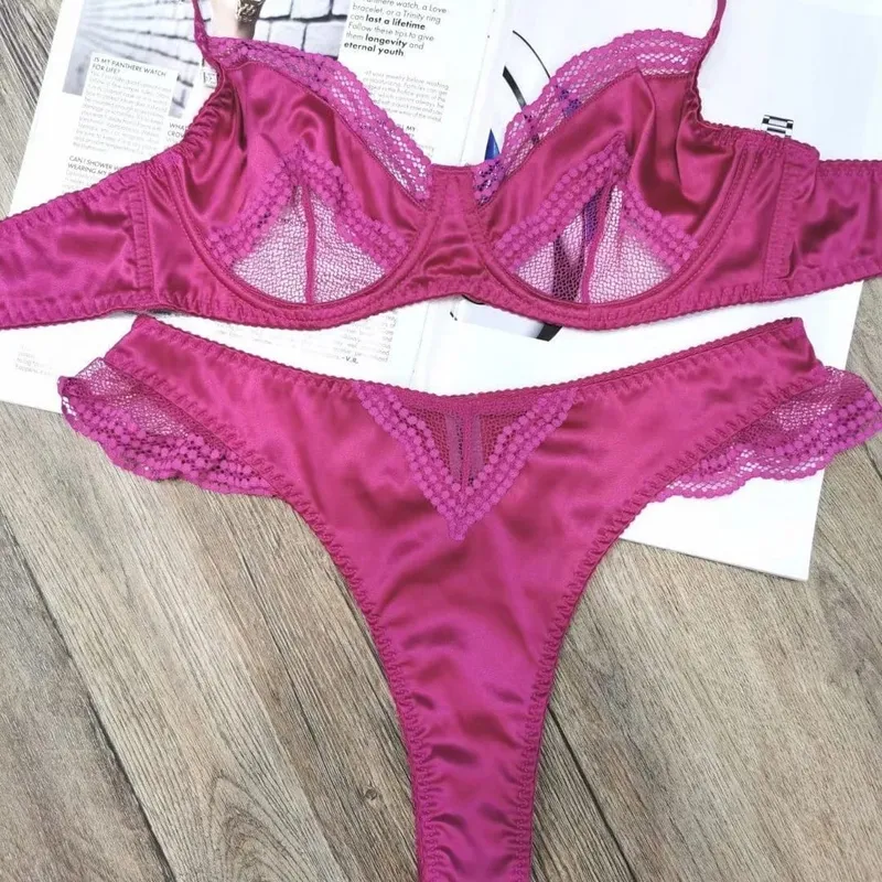 Women Mesh Satin Lace Brassiere Ultra Thin Minimizer Anti Sag Soft Breathable Support Daily Lingerie 32‑38AB Bra Suit