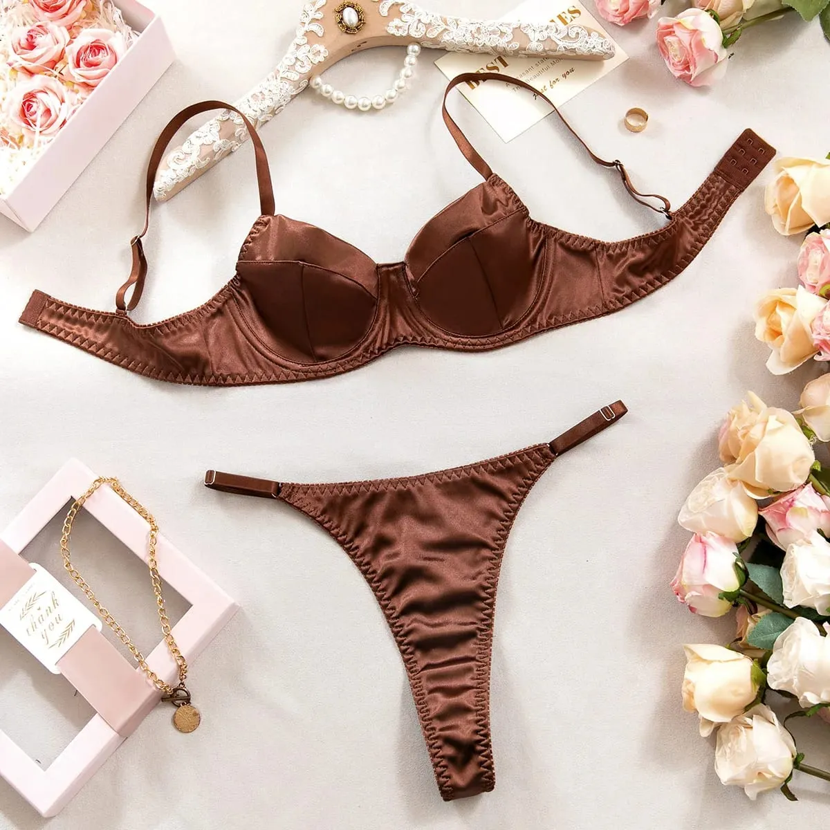 Push Up Underwire Satin 2 Pcs Sexy Bra Set Women Underwear Patchwork Bras and Thongs Suits Attractive Bilizna Intimate Set — image 8