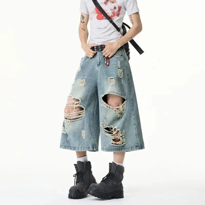 Summer Trendy Men Jeans Ripped Loose Casual Man Pants Artistic Design Cropped Long Denim Trousers — image 6
