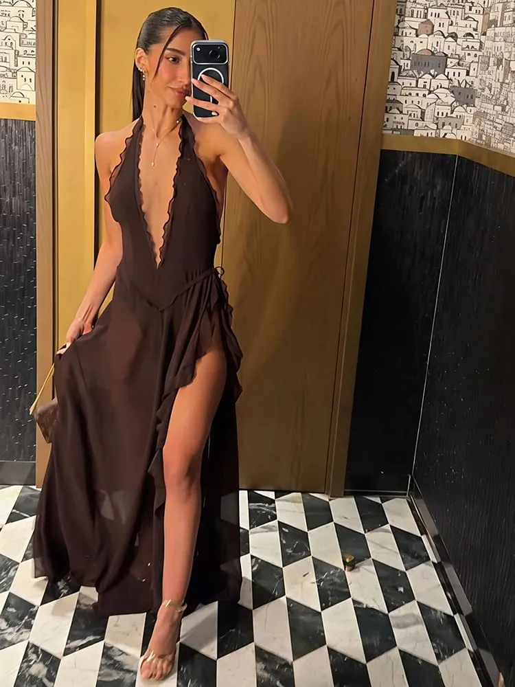 Mozision Halter Deep V Leher Gaun Maxi Seksi Tanpa Belakang Wanita Elegan Off-shoulder Tanpa Lengan High Split Party Club Dress Long Dress — image 2