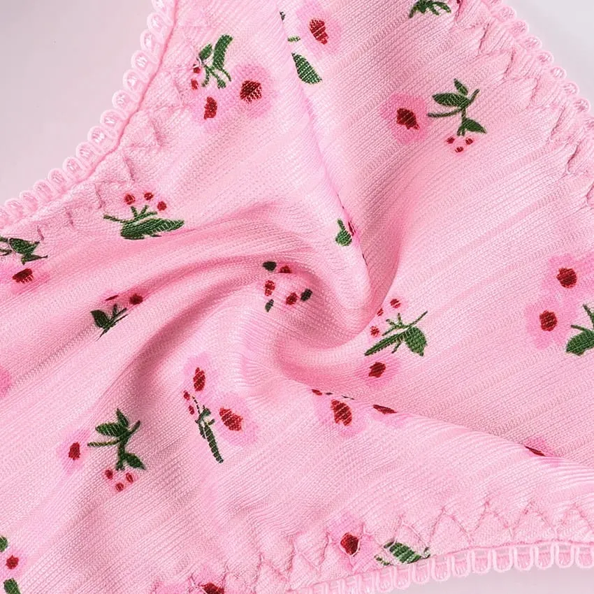Women Floral Print Wireless Bra Panty Set Spaghetti Strap Soft Texture Cute Bikini Lingerie Daily Sleep Comfort Intimates