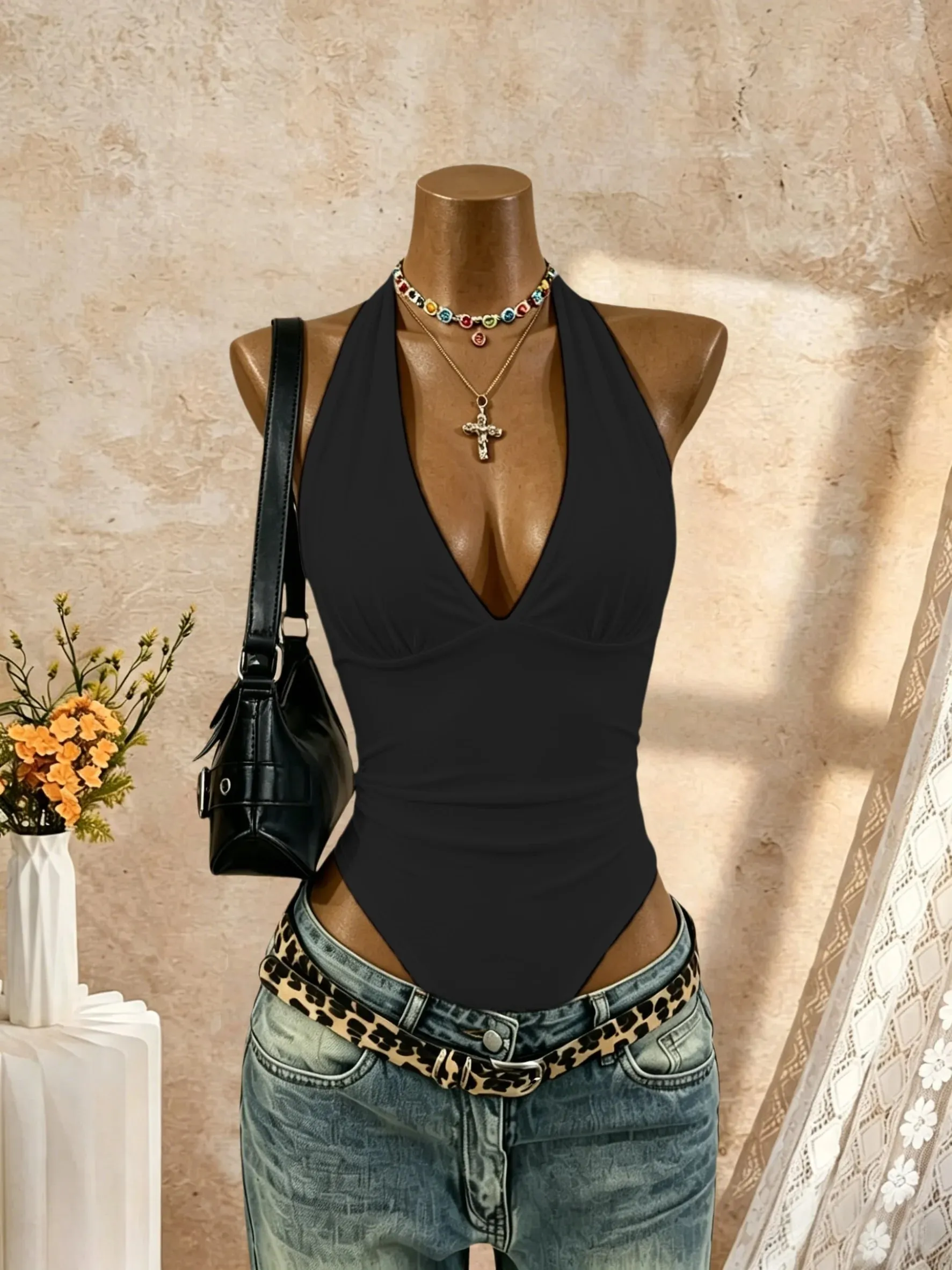 Women Halter Deep V Neck Ruched Slim Fit High Cut Bodysuit 2026 Summer Y2K Streetwear Sleeveless Tank Top