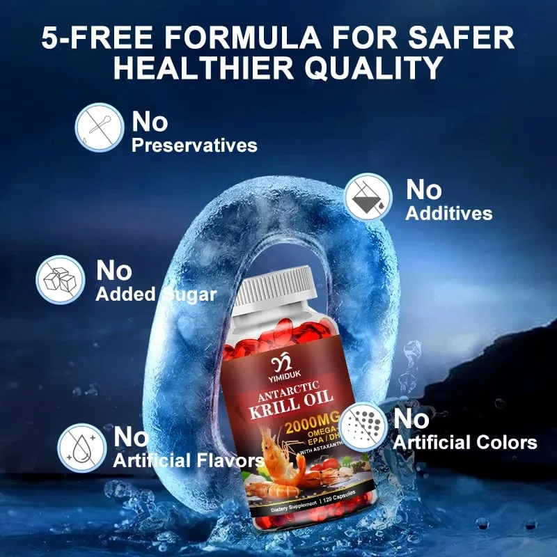 Minyak Krill Antartika 2000mg 120 Kapsul Omega-3 EPA DHA dengan Suplemen Astaxanthin Bersumberkan Kekuatan Maksimum Krill Merah