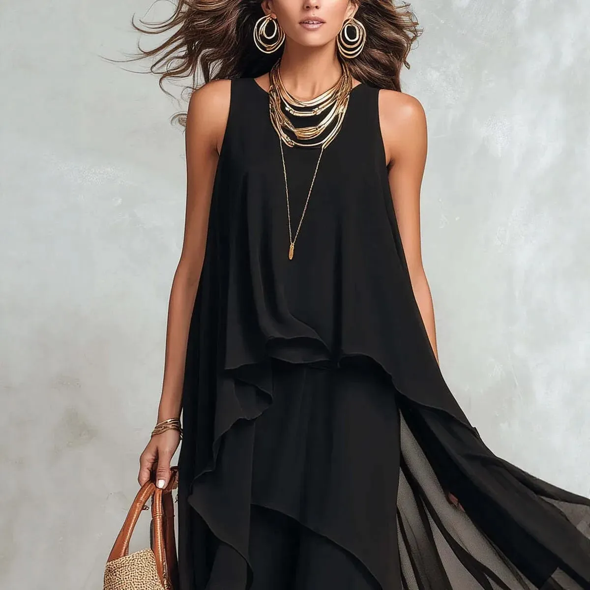 2026 New Black Sleeveless Irregular Chiffon Long Dress With Elegant Temperament For Women Dress — image 3