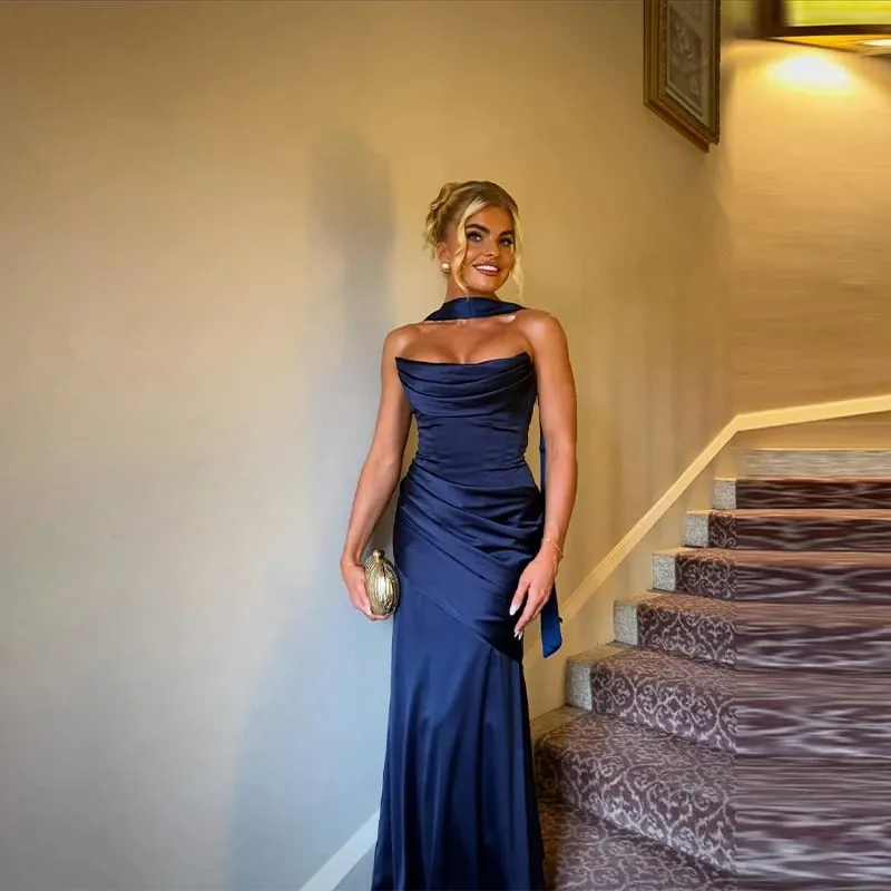 Mulheres sexy plissado sem alças vestido de cetim chique sólido fora do ombro sem costas cintura alta bodycon vestidos 2026 novo vestido de festa à noite — image 4
