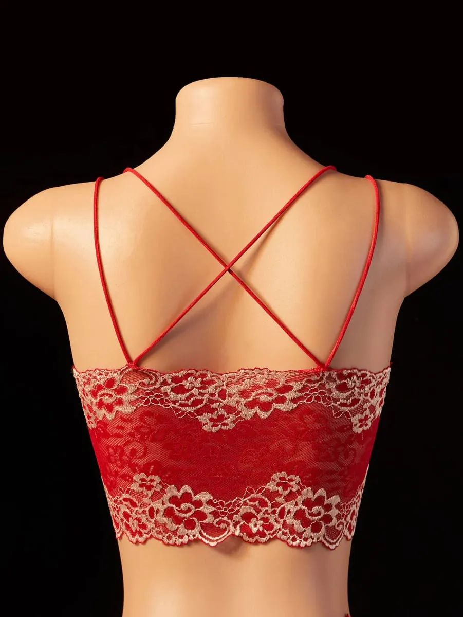 Colorblock Lace Lingerie Set Sheer Deep V Bralette Criss Cross Open Back Strappy Boudoir 2PC