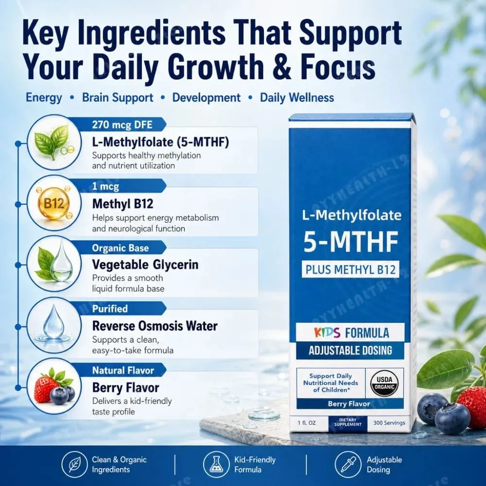 Kids L-Methylfolate 5-MTHF Drops with Methyl B12 Organic Berry Flavor Liquid Folate Supplement for Children Vegan Formula 30ml