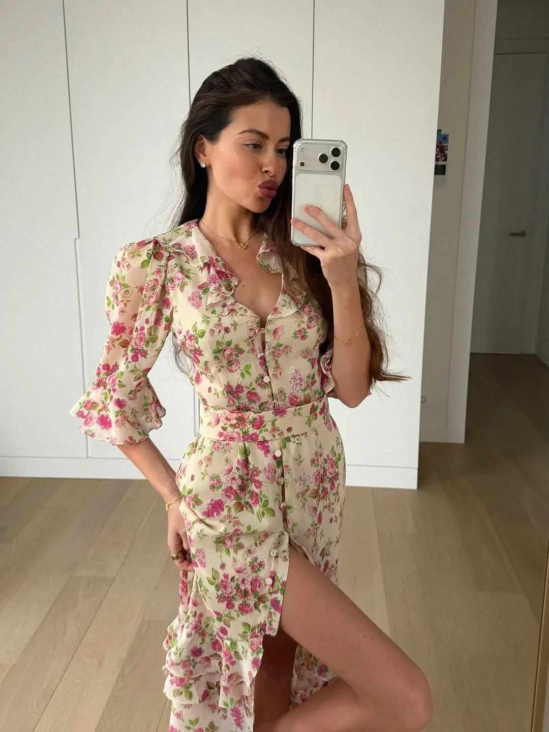 Floral Print Ruffle V Neck Waist Cinching Long Dresses Split Hem Single Breasted Maxi Dress 2026 Party Beach Vacation Vestidos