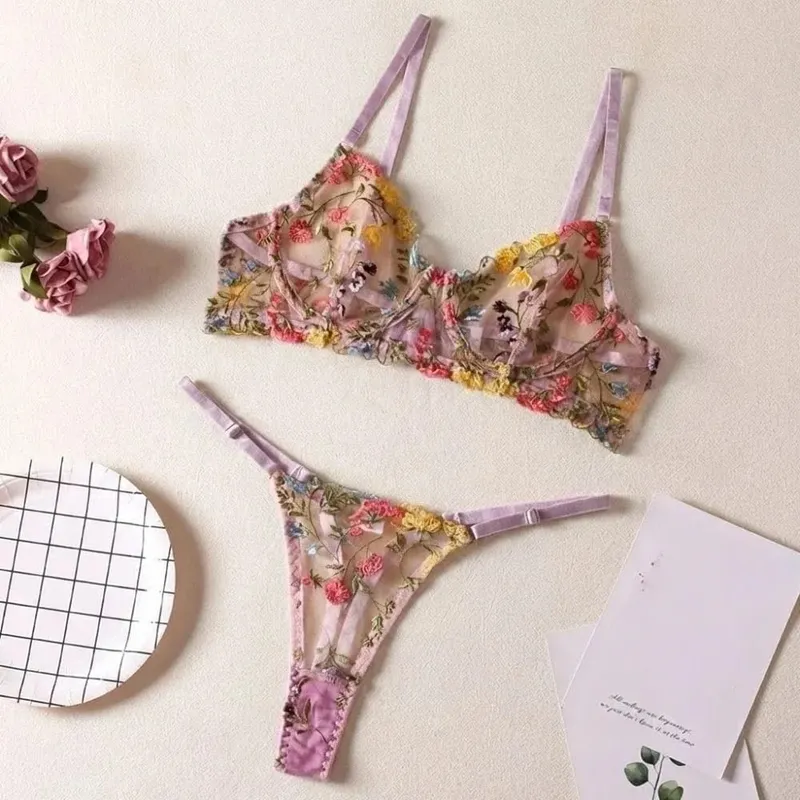 2-Piece Bohemia Floral Lingerie Set Sheer Versatile Underwear Intimates Underwire Push-up Embroidery Bra Panty Set For Lady Girl