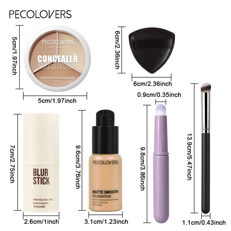 6PCS/SET All-in-One Face Base Kit Pore Minimizing Primer Stick 3‑Color Concealer Palette With Brush Oil‑Free Foundation — image 5