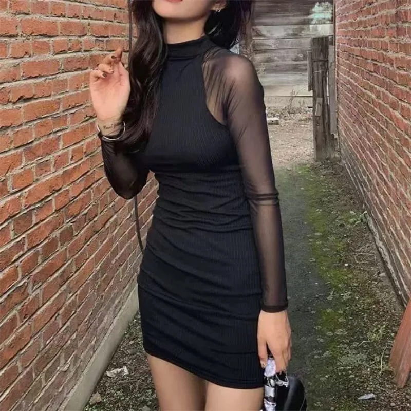 Mesh Patchwork Half High Neck Women Dresses Black Fashion See Through Long Sleeve Skinny Clubwear Female Mini Dress Bodycon