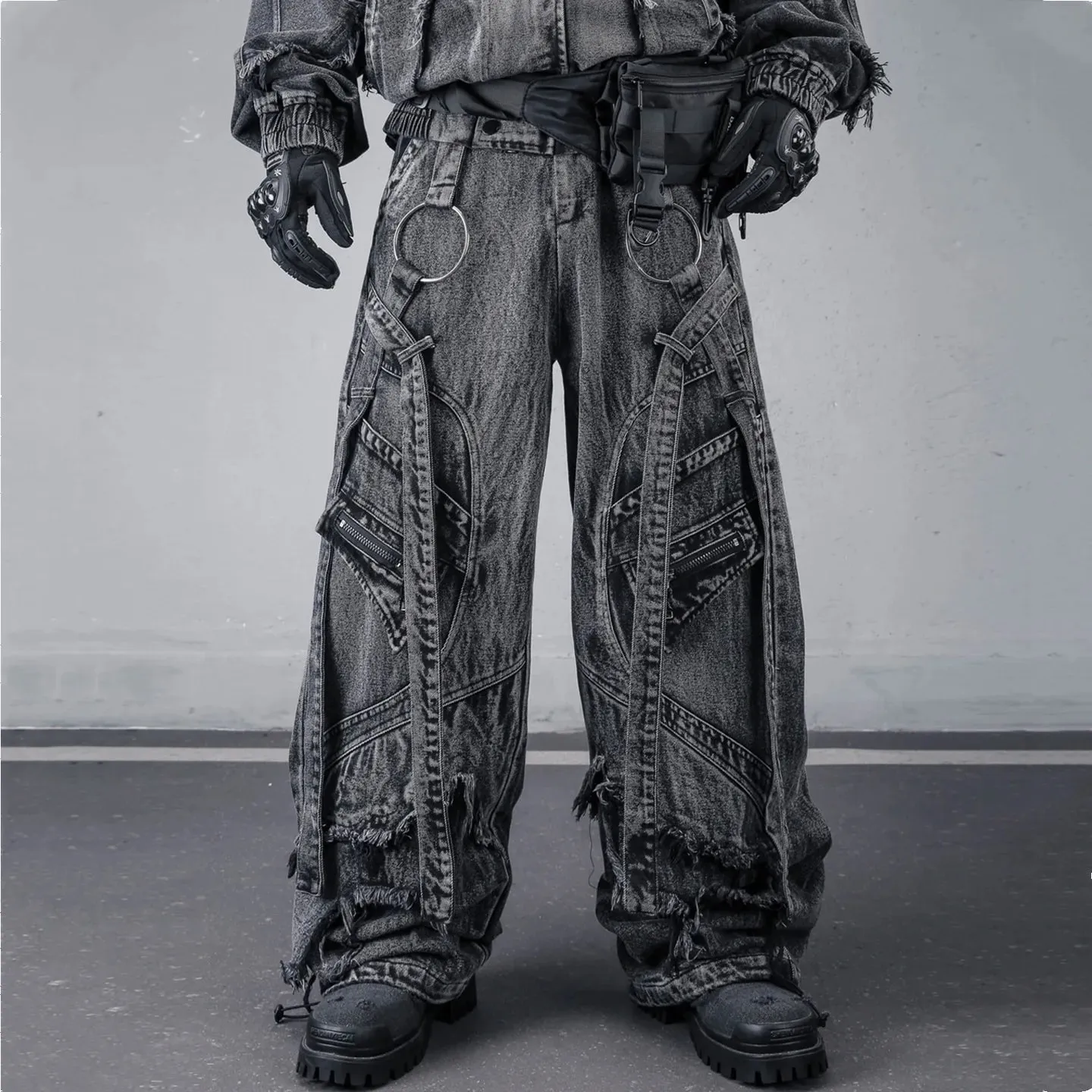 Deconstructed Dây Rửa Sạch Vintage Hàng Hóa Quần Jean Người Phụ Nữ Techwear Đất Hoang Phong Cách Ống Rộng Chiến Thuật Quần Baggy Dạo Phố