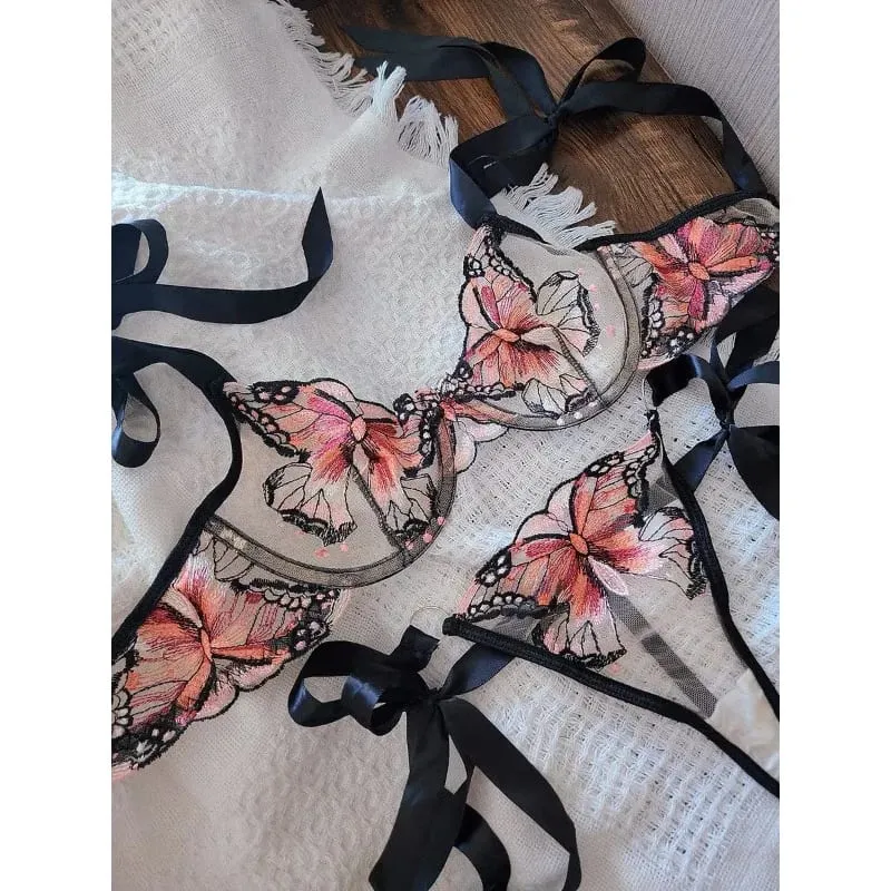 Butterfly Embroidery French Lace Bra Sheer Net Elastic Straps No Padding Romantic Womens Lingerie Set S-XL Soft Comfy — image 2