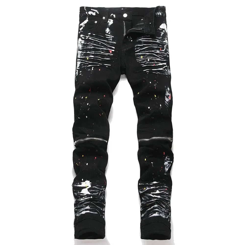 Men Painted Slim Tapered Jeans Punk Zipper Black Stretch Denim Pants Casual Streetwear Trousers