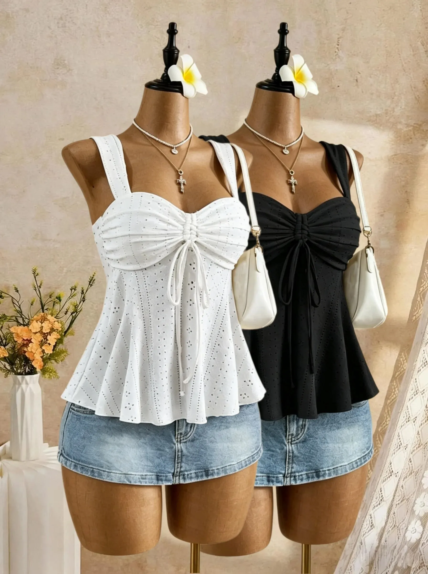 Women Sweetheart Neck Drawstring Ruched Peplum Cami Top Polka Dot Print Sleeveless Casual Camisole Outfit — image 14