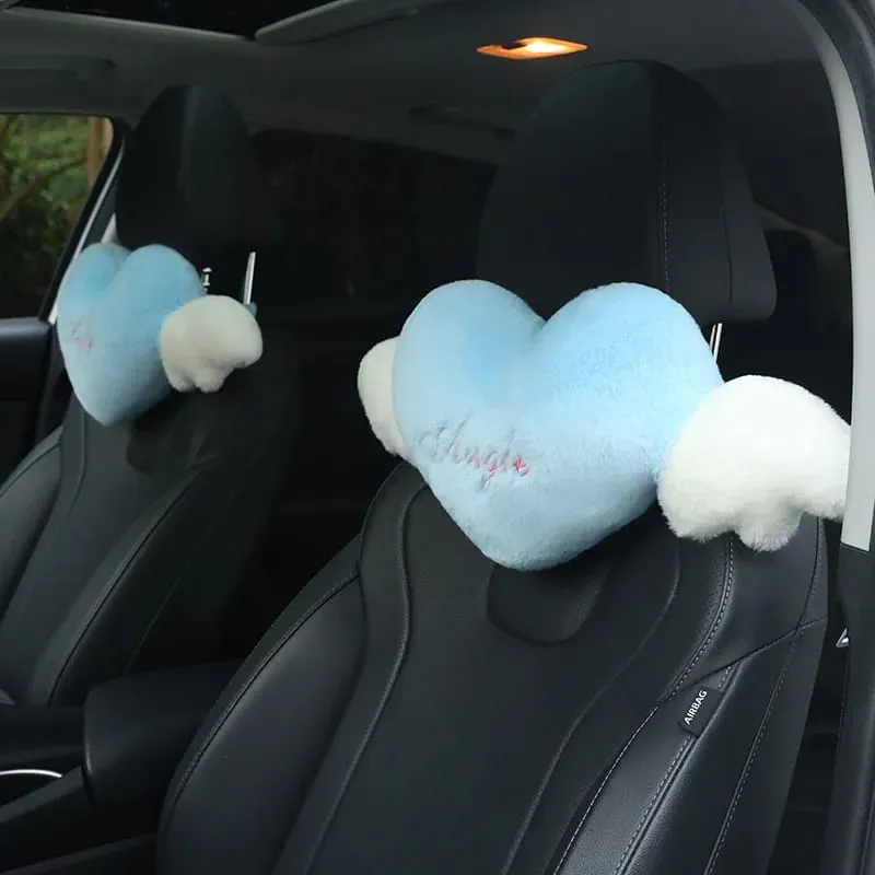 28x58cm 2Pcs Cute Heart‑Shaped Car Headrest Pillow With Angel Wings Soft Plush Auto Neck Support Cushion Car Seat Head Pillow